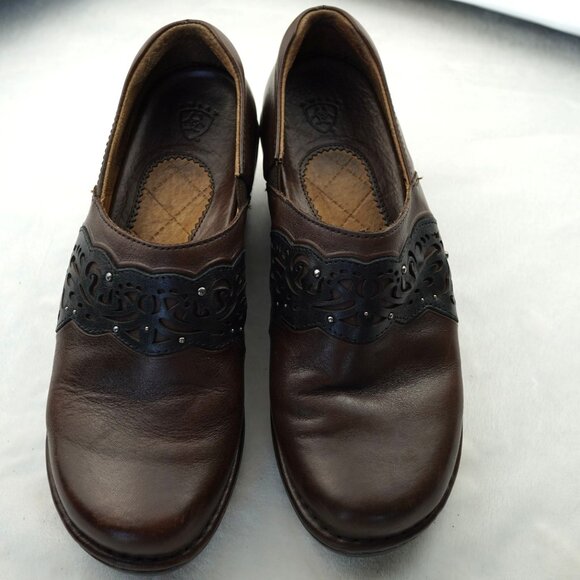 Ariat Brown Leather Western‎ Slip-On Clogs Mules Size 7.5B - Picture 1 of 10